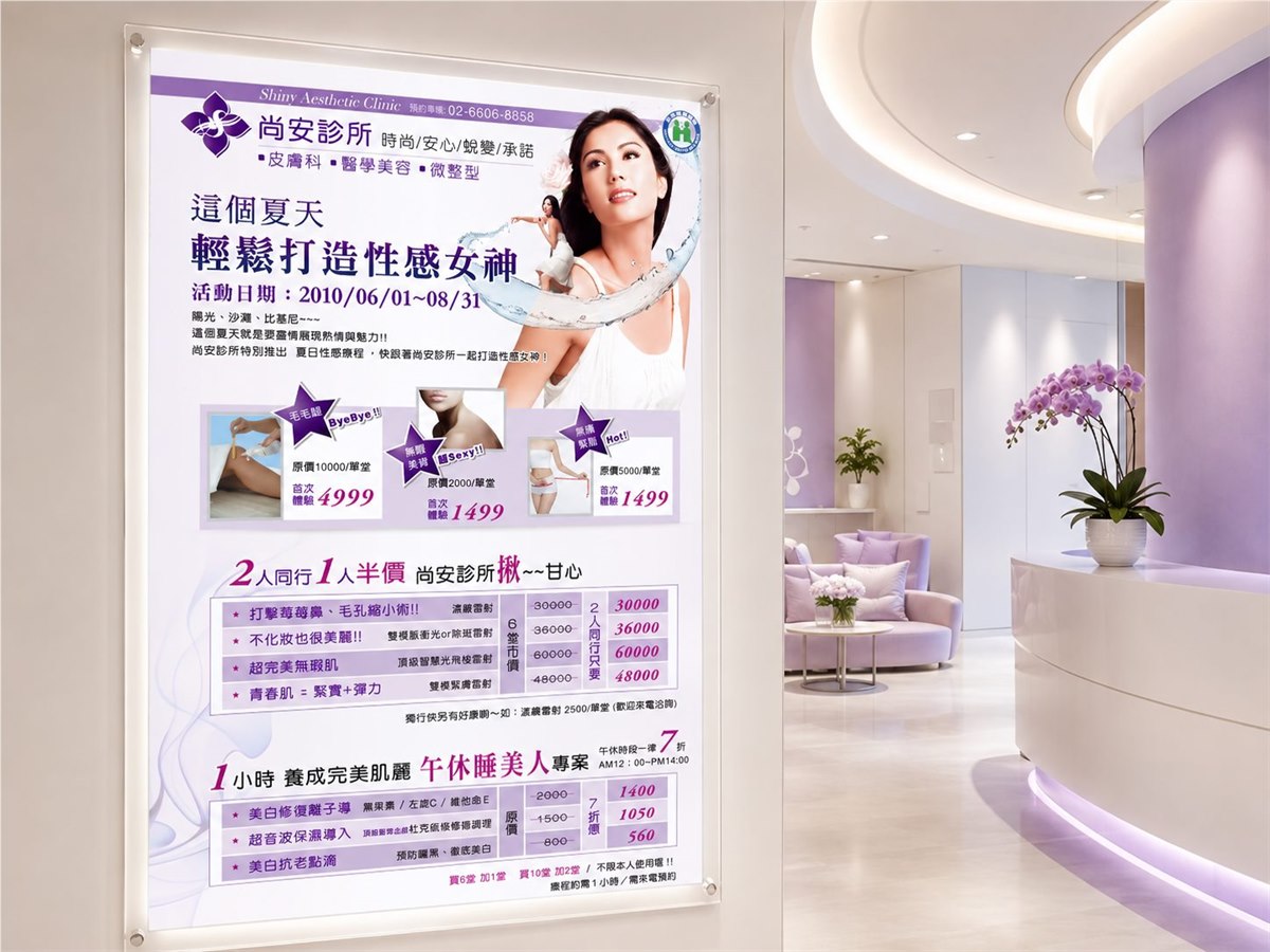 診所美容海報，紫白色系診所美容服務海報