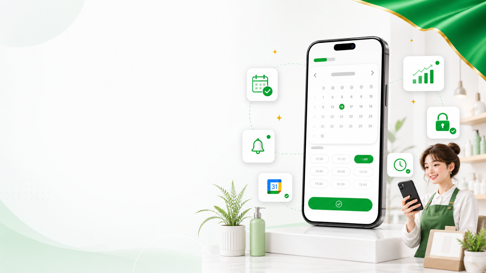 AI 生成的 LINE 預約系統手機、行事曆與店家操作示意