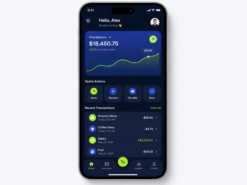 套用 APP 介面設計 AI 指令後生成的行動銀行介面示範圖