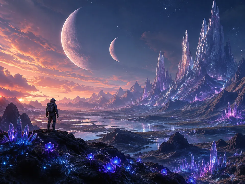 套用科幻太空 AI 指令後生成的雙月異星地景示範圖