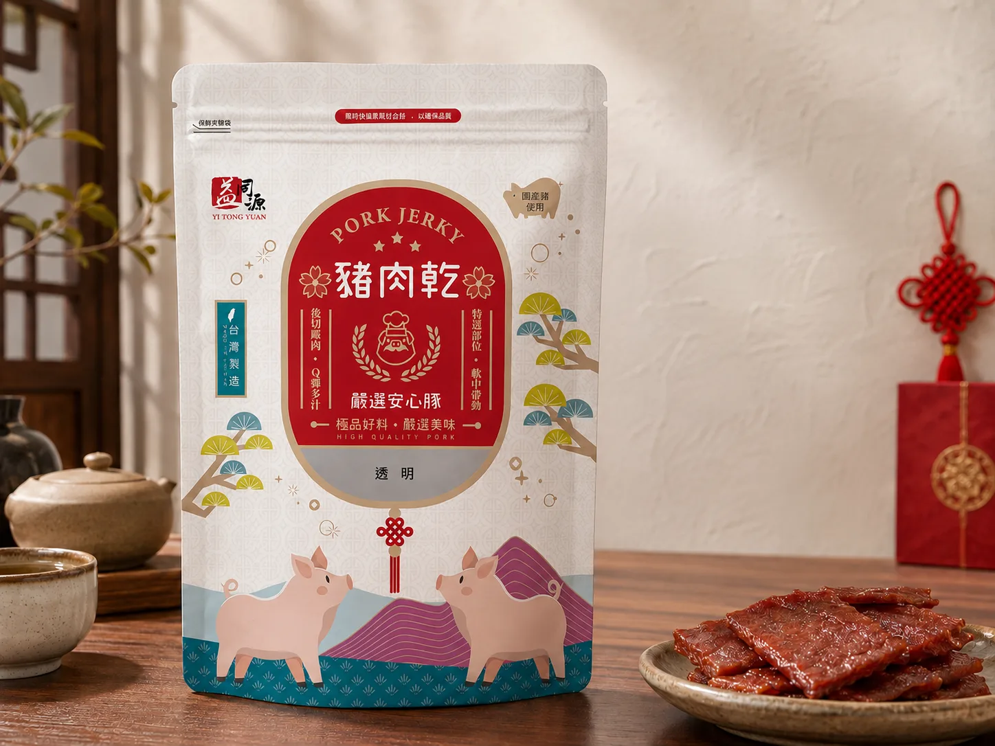 暖調茶點與豬肉乾包裝情境照