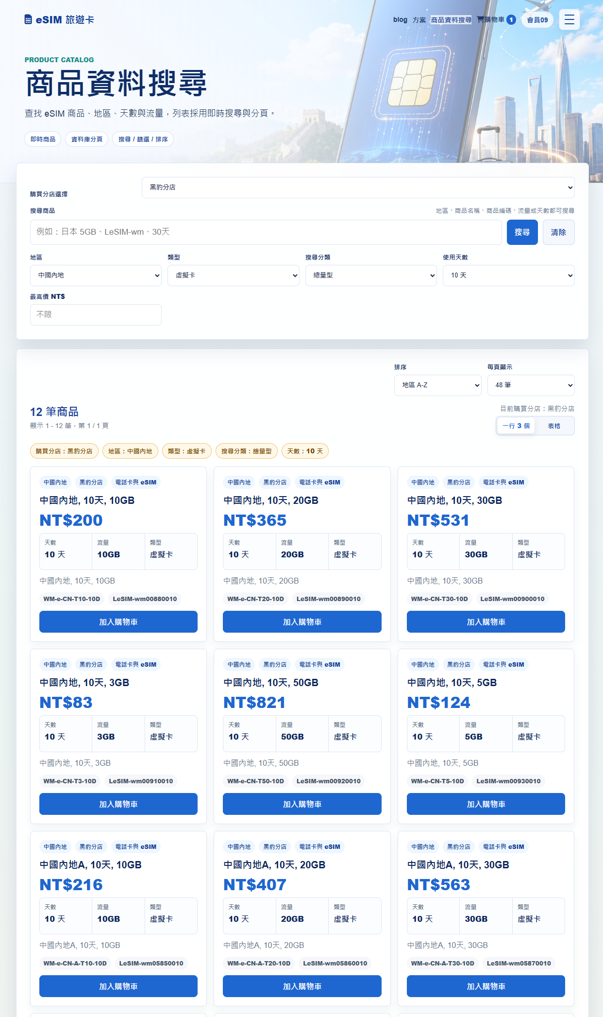 eSIM 商品卡片列表